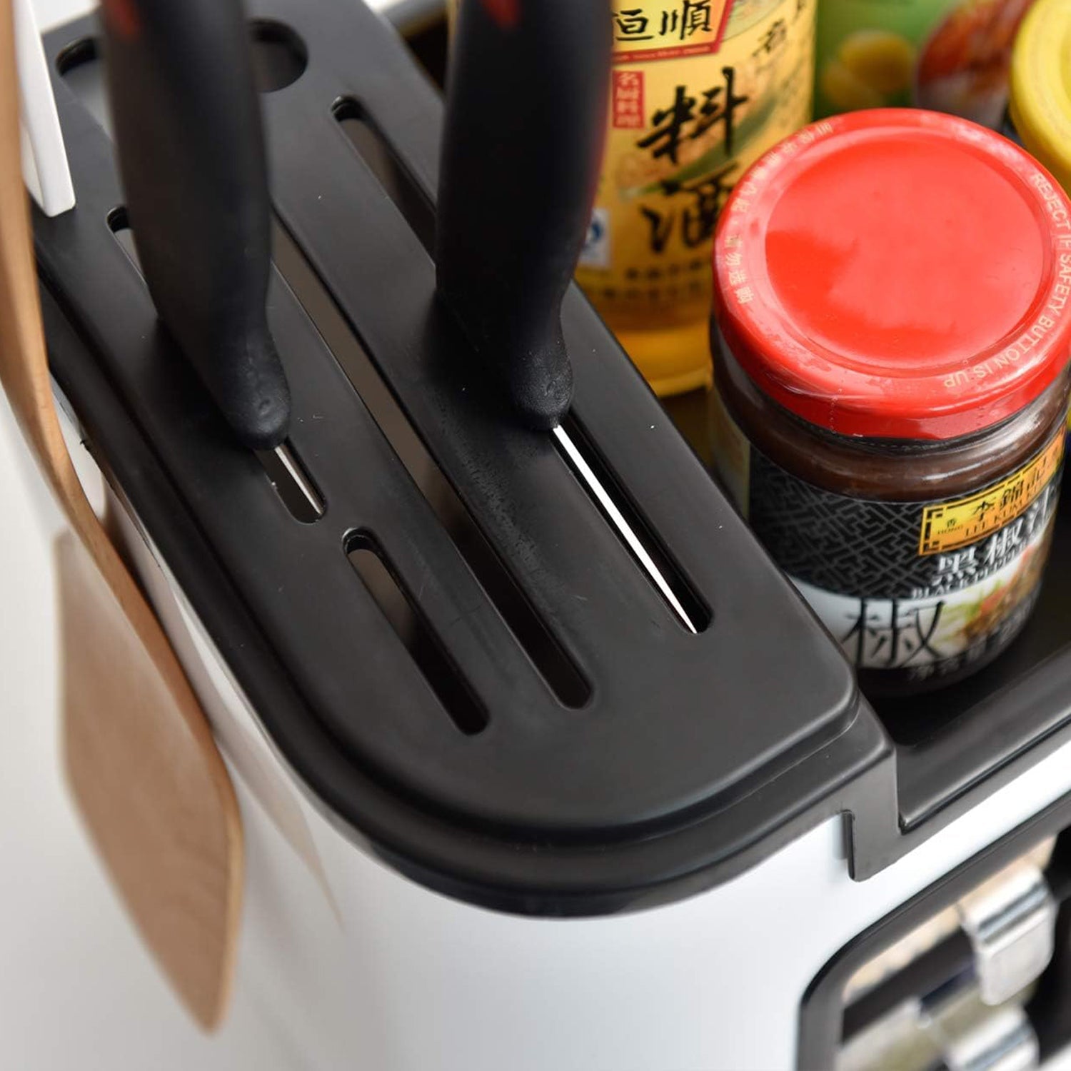 Multifunctional Kitchen Storage Organizer Rack with 6 Spice Containers, Knife & Spoon Holder, and Top Shelf Multifunctional Kitchen Storage Organizer Rack with 6 Spice Containers, Knife & Spoon Holder, and Top Shelf